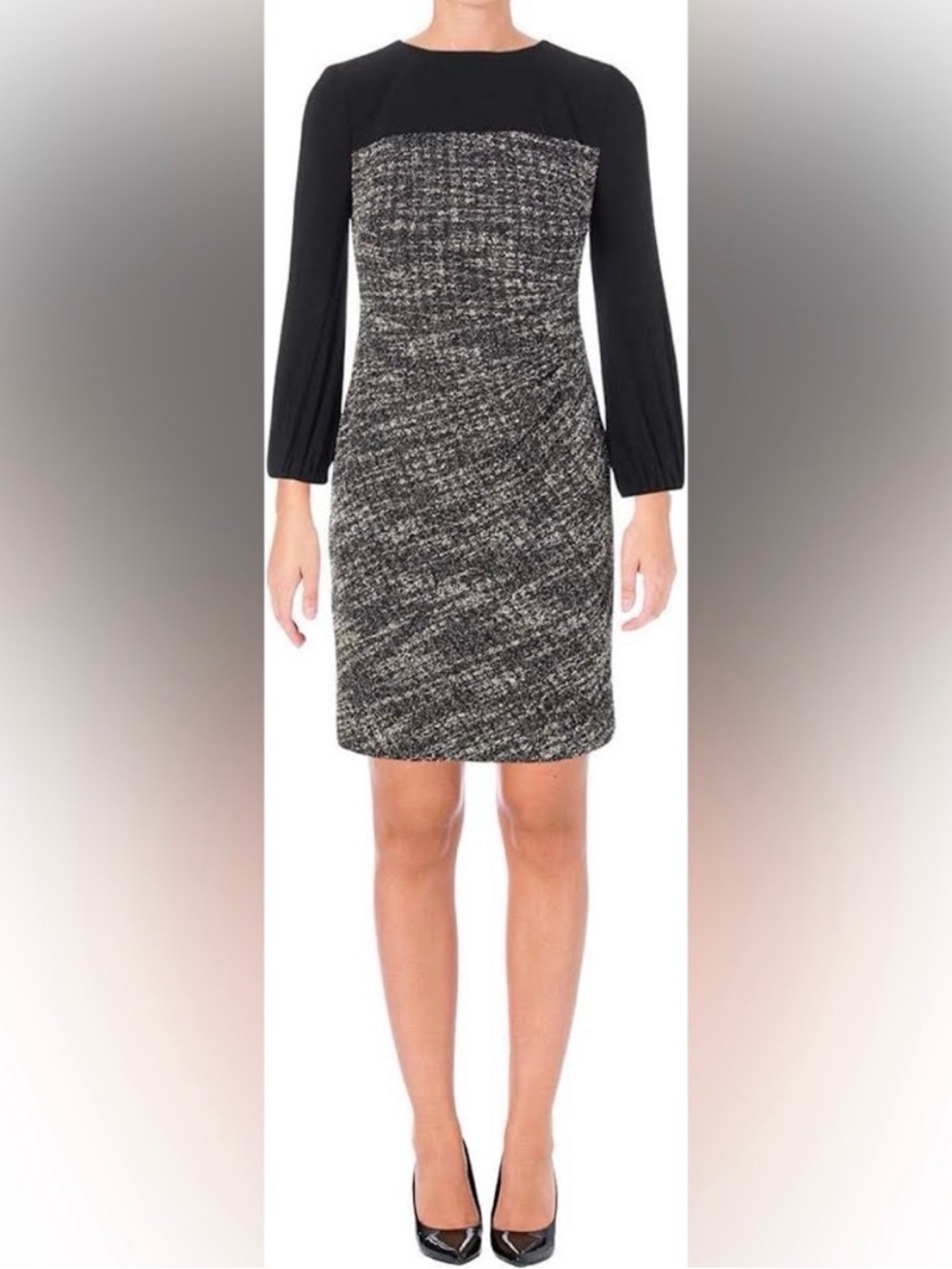 Ralph Lauren Black and White Tweed Long-Sleeve Sheath Dress Size 2